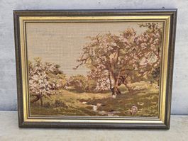 Gobelin Stickbild Wandbild Landschaft mit Goldrahmen