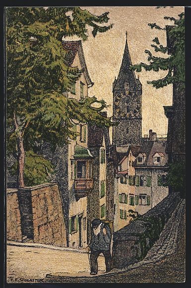 Cartoline postali: Ernst E. Schlatter: Zürich, Pfalzgasse  – Usato da Berlin venduto da bartko-reher
