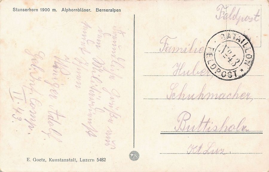 Cartes postales: Alphornbläser, Berneralpen, Feldpost BATAILLON N° 43 – D'occasion à Frauenfeld par POML 1
