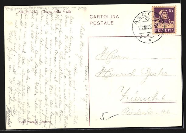 Cartoline postali: AK Arcegno, Chiesa della Valle, 1933 – Usato da Berlin venduto da bartko-reher 1