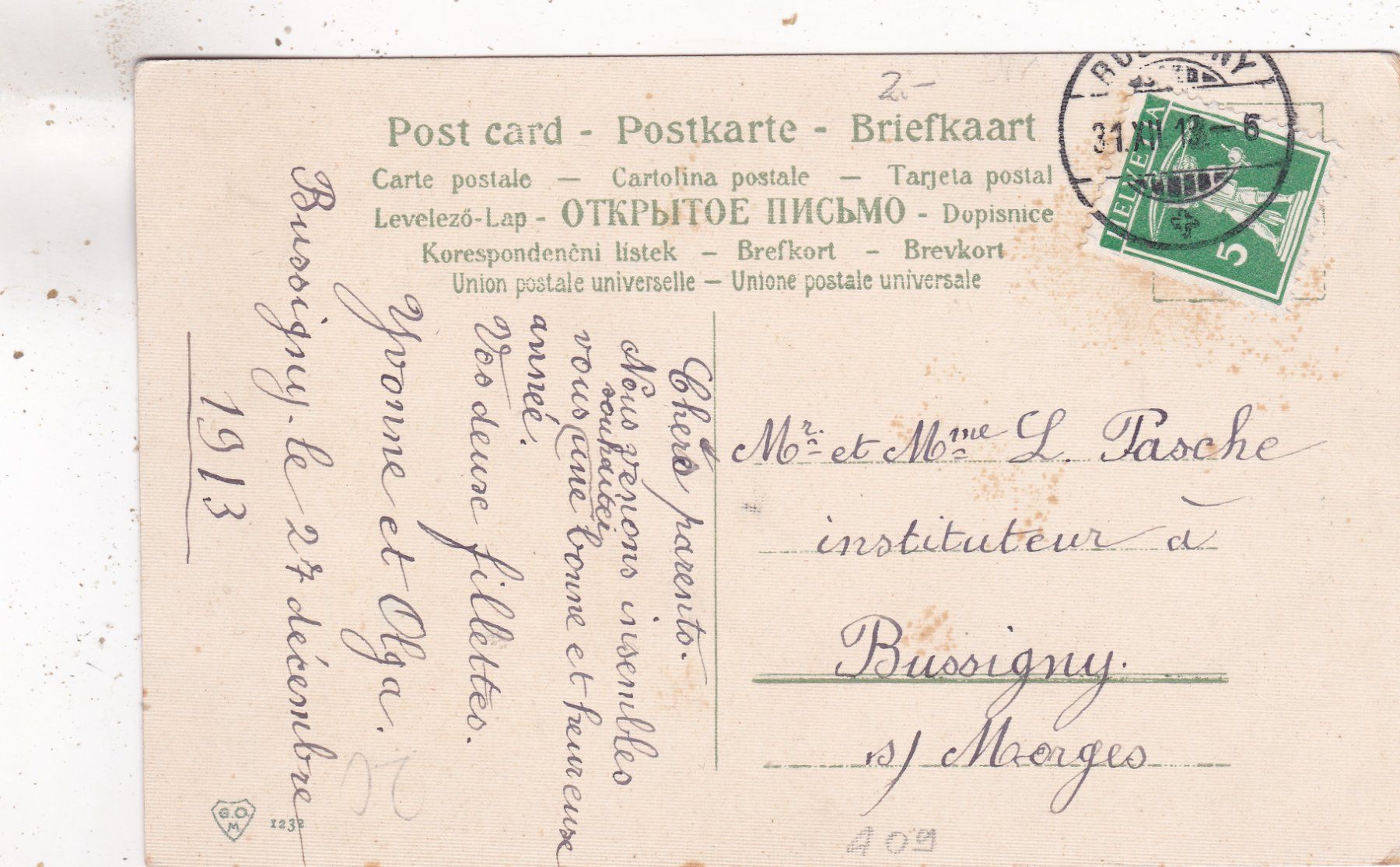 Cartoline postali: Kitsch Landschaft Stechlaub Bonne Année 1913 – Usato da Herisau venduto da Lisegrat2008 1