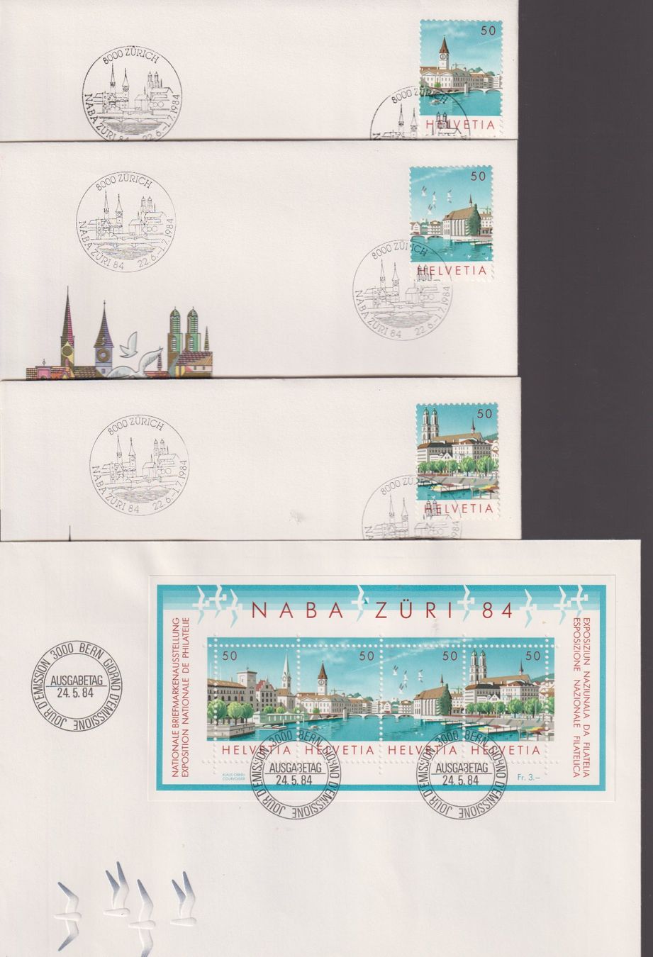 Tutti i francobolli: 3 versch. FDC. NABA Zürich 1984, Einzelm. & Blocks. – Nuovo (secondo la descrizione) da Koblenz venduto da Boerse6