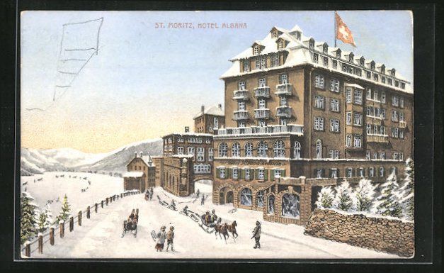 Cartoline postali: St. Moritz, Hotel Albana, Schlittenfahrt – Usato da Berlin venduto da bartko-reher