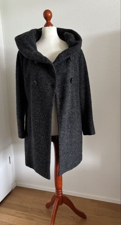 Damen Mantel Wollmischung dunkelgrau mit Kapuze Grösse M