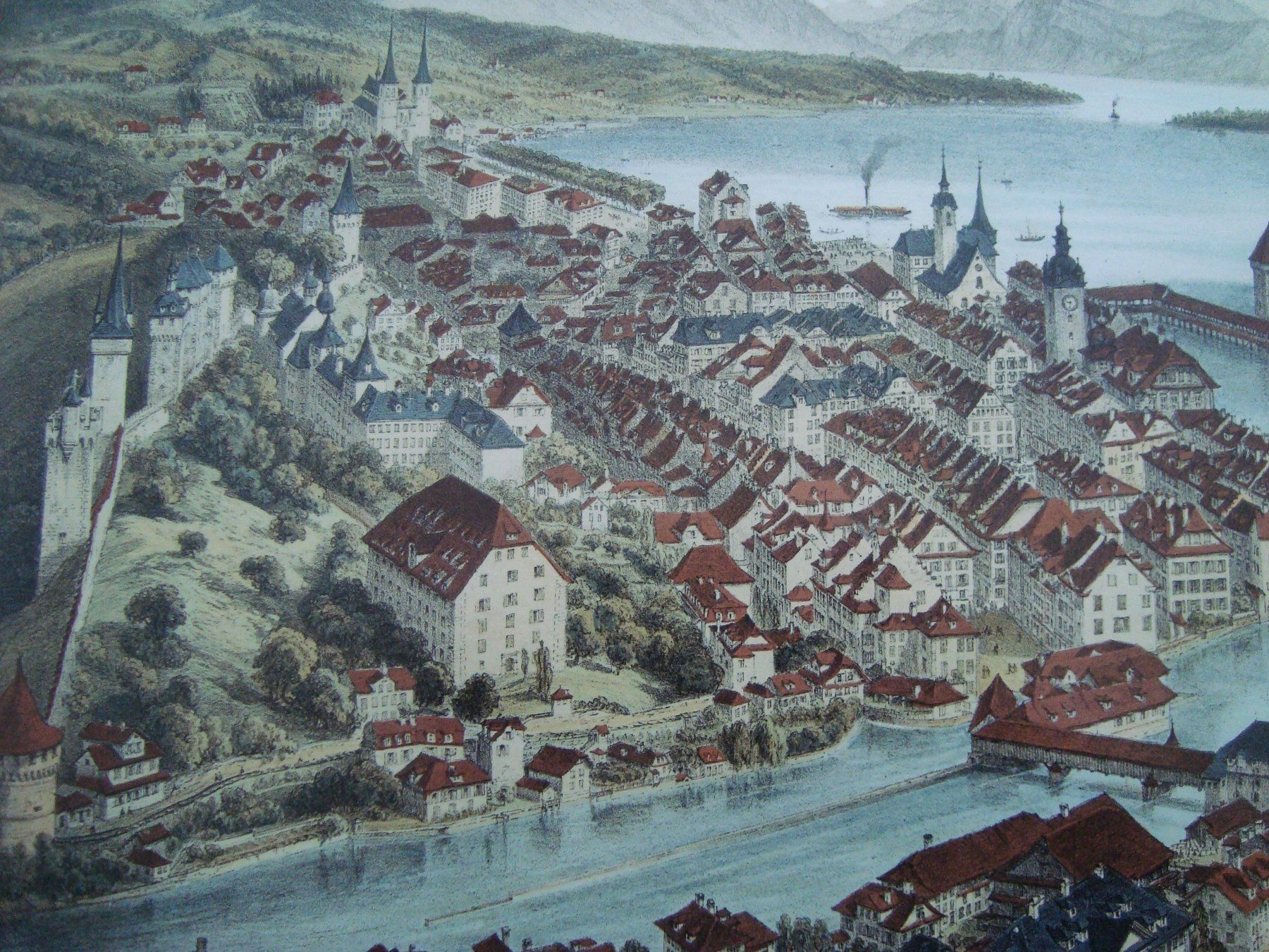 Grafica & Litografie: grosse Lithographie " Vue Générale de Lucerne " Th. Muller – Usato da Oberdorf NW venduto da Lufao 5