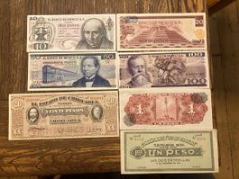 Lot de 7 billets de banque du Mexique anciens divers