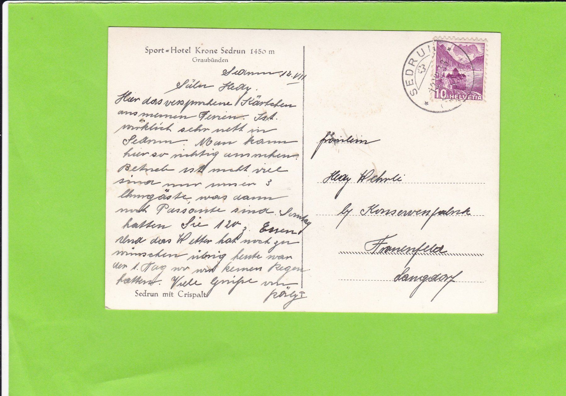 Cartoline postali: Sport Hotel Krone, Sedrun – Usato da St. Peterzell venduto da neckertal 1