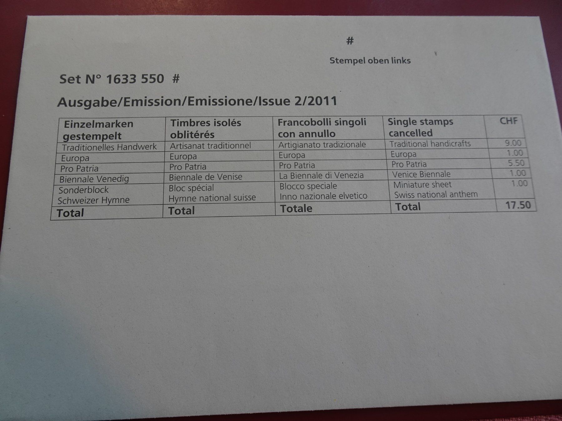 Tutti i francobolli: 2011 EMISSION2, ERSTTAG AUS ABO, POSTPREIS 17.50 - AB 50% – Usato da Eschenbach SG venduto da eDaisy 1