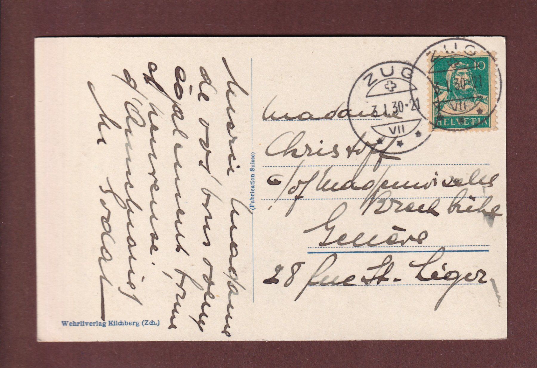 Cartoline postali: ZUG - 1930 – Usato da Pully venduto da nicecards-shop 1