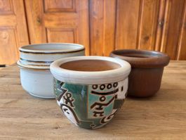 Drei Vintage-Blumentöpfe mit passenden, ergänzenden Designs