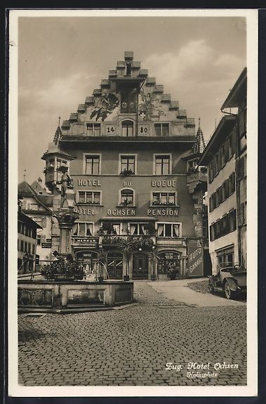 Cartoline postali: Zug, Hotel Ochsen, Kolinplatz mit Brunne – Usato da Berlin venduto da bartko-reher