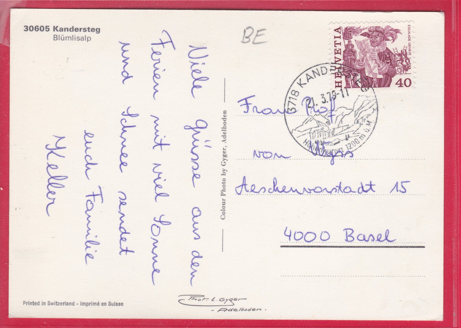 Ansichtskarten: KANDERSTEG, BLÜEMLISALP, 21.3.1979 – Gebraucht aus Oberrieden von Gebirgsstelze 1