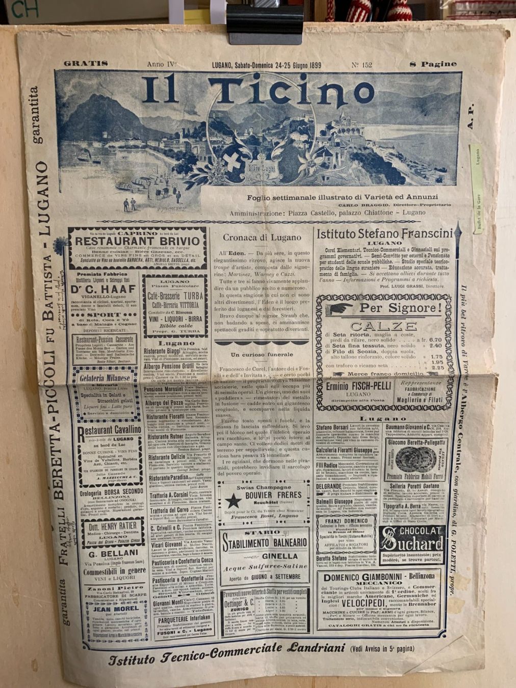 Documenti: Ticino - Lugano - "Il Ticino" - 1899 – Usato da Sorengo venduto da 74in