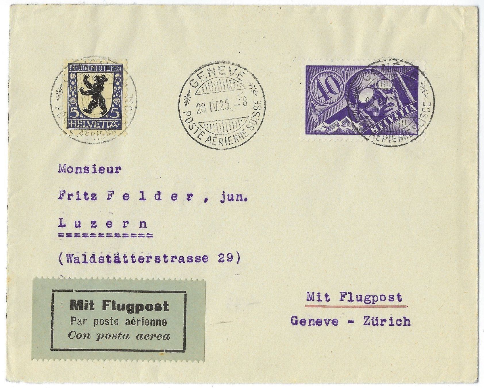 Tutti i francobolli: 1925 Brief Flug Genève-Zürich RF 25.2aa SpF – Usato da Morgarten venduto da mech58