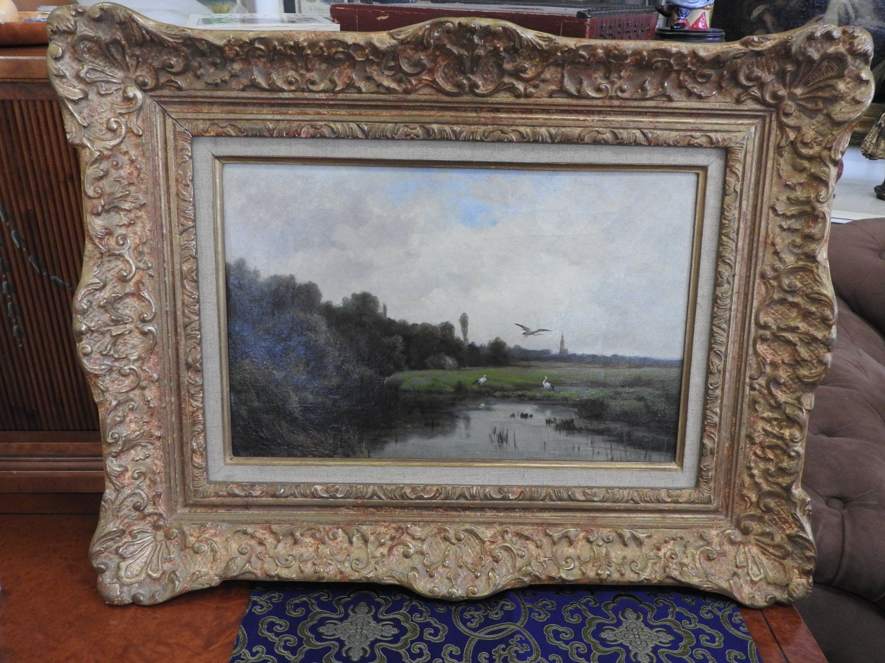 Gemälde: Oelbild Victor Puhonny: "Landschaft mit Störchen" – Gebraucht aus Stetten AG von Brissago25 6
