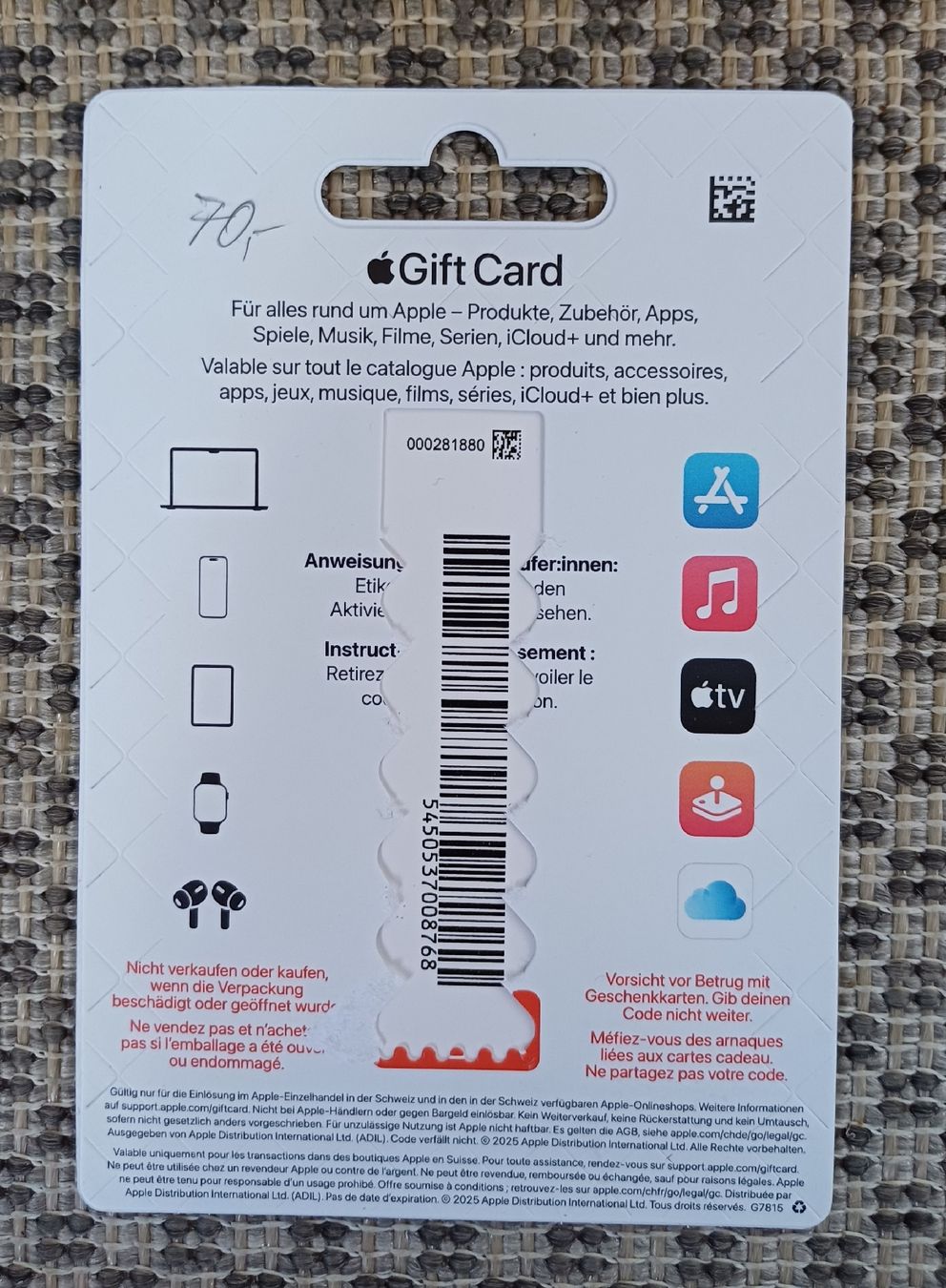 Gutscheine: Apple Gift Card Neu ungeöffnet WERT 70,- CHF – Neu und originalverpackt aus Pfeffikon LU von SY-YoLo 1