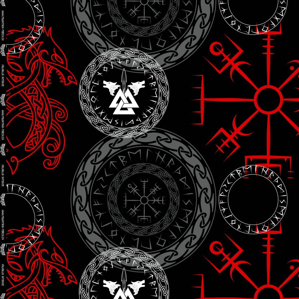 Tessuti: Jersey Runen "Valhalla" rot schwarz Stoff je m – Nuovo e nell'imballaggio originale da Wiesenberg venduto da mountain-merch