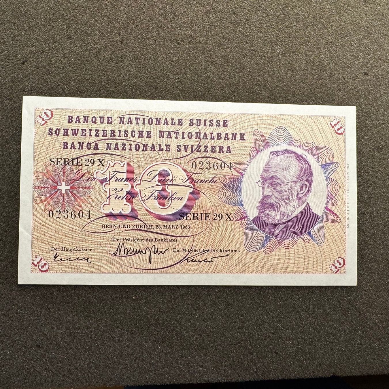 Banconote: 10 Franken Banknote Schweiz Keller 1963 UNC – Usato da Reitnau venduto da tb-muenzen