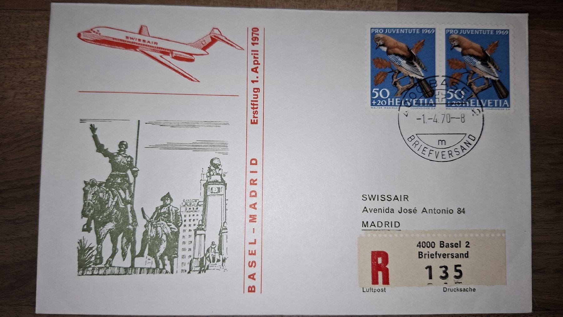 Tutti i francobolli: Swissair Basel - Madrid 01.04.1970 – Usato da Balgach venduto da SIMEON27
