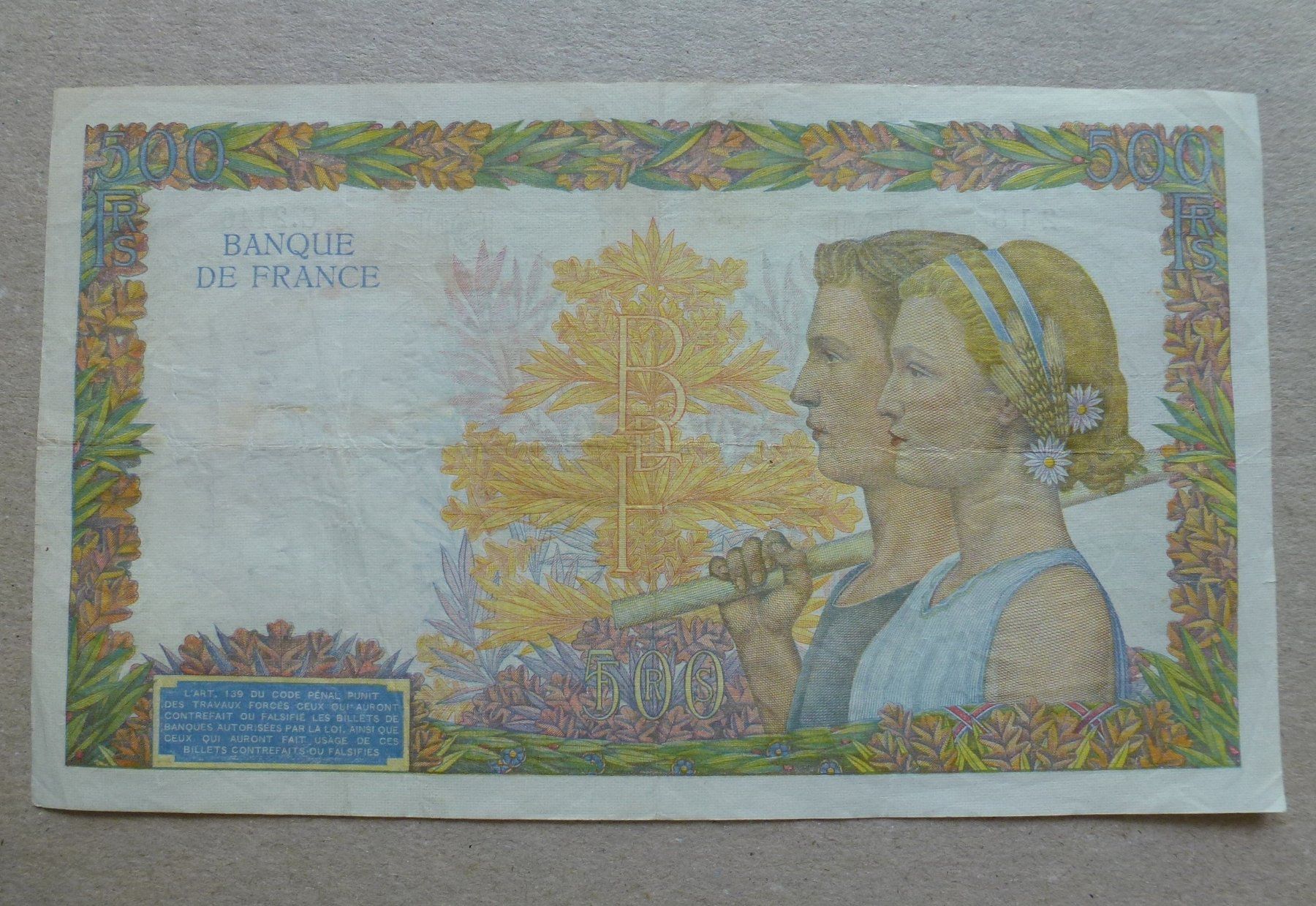 Banknoten: Frankreich ++ 500 Francs 1941 – Gebraucht aus Walkringen von Casablanca777 1