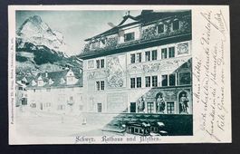 Schwyz. Rathaus und Mythen, Pferdeomnibus, 1900