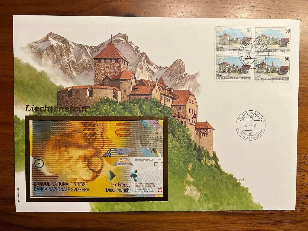 Banknoten: Liechtenstein Numisbrief 2001 - 10 Franken Note Le Corbusier – Gebraucht aus Emmen von mighu