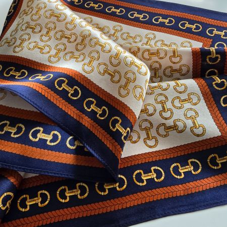 New 53cm 100% Silk Scarf, Chain Print Beige Blue Silk Scarf