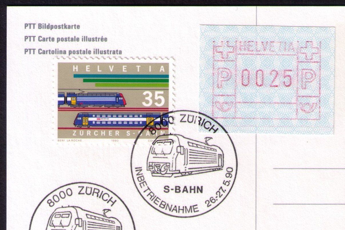 Alle Briefmarken: 1990_786_SONDER-O_INBETRIEBNAHME S-BAHN ZÜRICH_Bahnpostwagen – Gebraucht aus Marthalen von Ch_quality 4