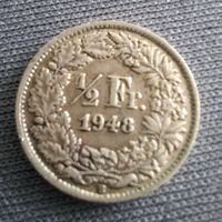 50 Rp. - 1/2 Fr. Silbermünze Schweiz, 1948 B