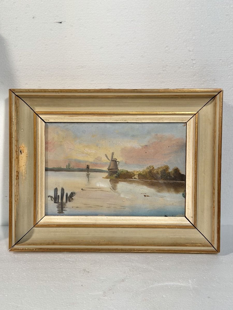 Dipinti: Vintage Framed Landscape Painting with Windmill Scene – Usato da Lausanne venduto da vas_cdb2