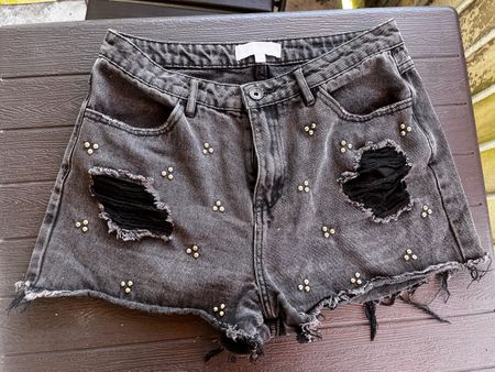 Denim Shorts Black Studded Ripped Size M