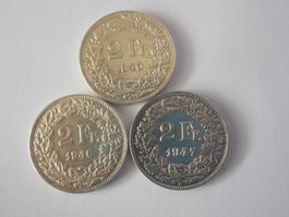 3 x 2 Fr. silber  1940/46/47  gute Erhaltung