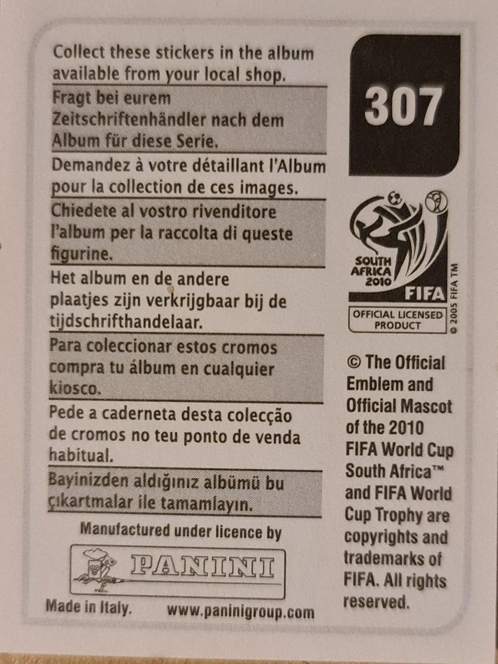 Panini Carte collezionabili: Panini WM 2010 Nr. 307 – Nuovo (secondo la descrizione) da Dintikon venduto da Prime-shop 1