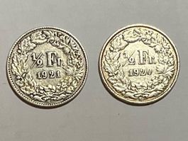 2x 1/2 Franken Stücke 1920 1921 Silber