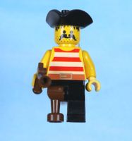 LEGO Minifigur Pirate Red / White Stripes Shirt, Black Leg
