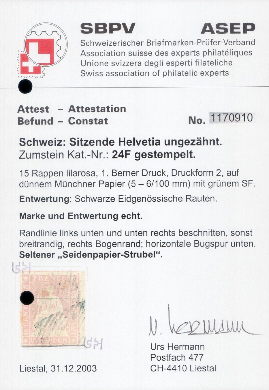 Tutti i francobolli: STRUBEL 24F MIT ATTEST, AB 1.- – Usato da Horw venduto da pilatusmail 2