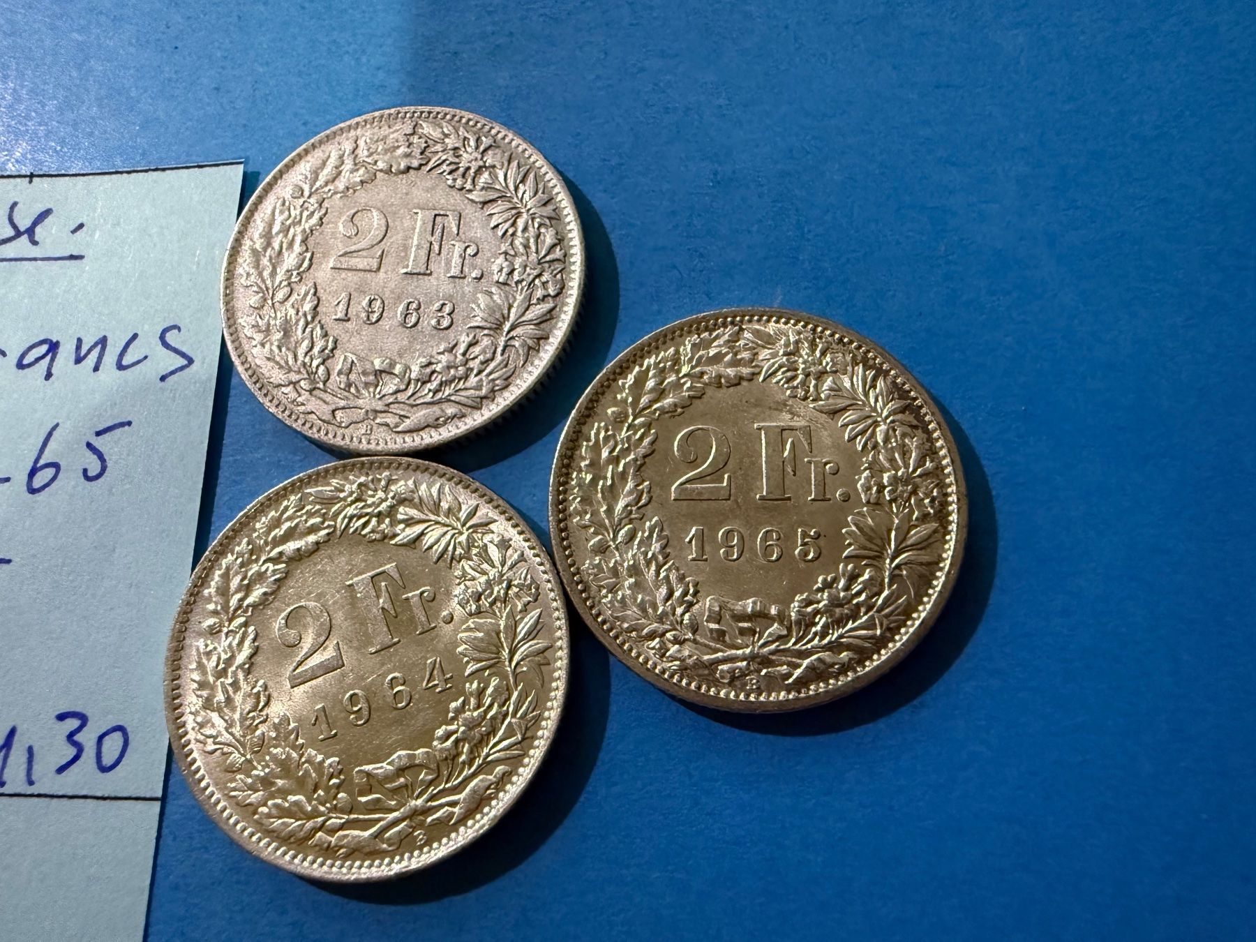 Tutti le monete: SUISSE : 3 X 2 FRANCS 1963-64-65- – Usato da genève venduto da GEnumist 1
