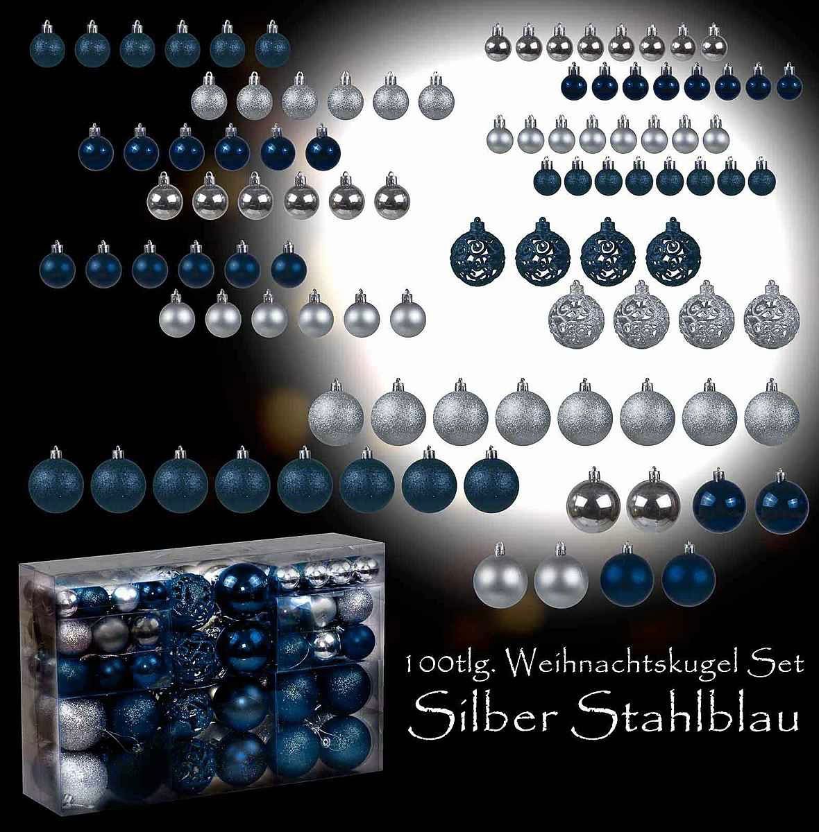 Tutte le decorazioni: Riesen Weihnachtskugelset 100 teilig Silber/Stahlblau – Nuovo e nell'imballaggio originale da Basel venduto da Seifehuesli 2