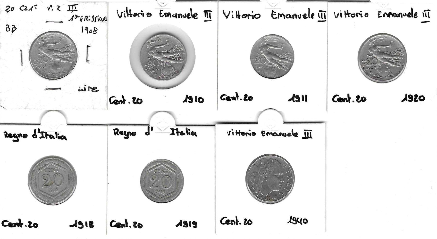 Tutti le monete: 7x 20 centesimi italia - 1908-1940 – Usato da Tavannes venduto da Zitume