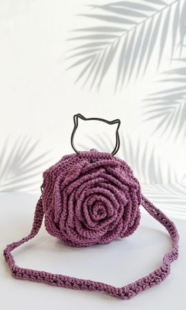 Handmade rose crochet bag with cat handle purple