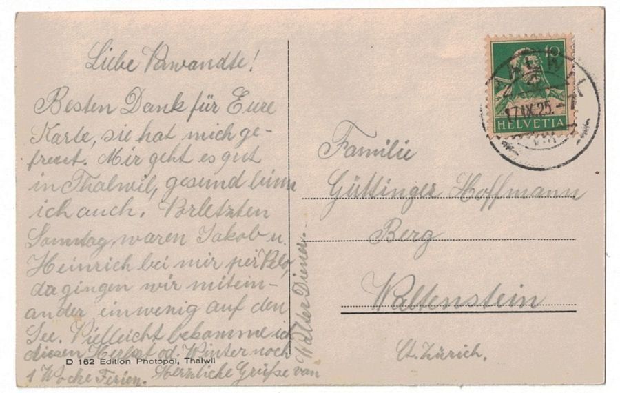Cartoline postali: Thalwil, gelaufen 1925 – Usato da Frauenfeld venduto da POML 1