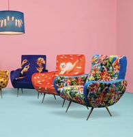 Seletti Armchair Velvet Blue Lipstick Print Design Gold Legs