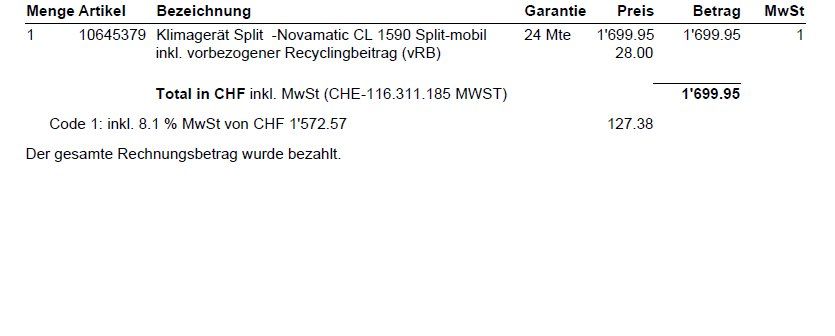 Novamatic Klimageräte: Klimagerät mobil, nicht ausgepackt, neu – Neu (gemäss Beschreibung) aus Mettmenstetten von vesto 1