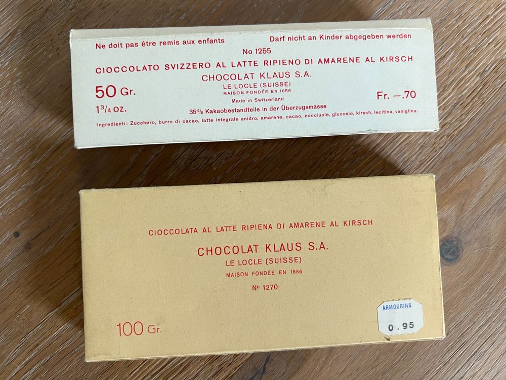 Zwei alte Kirsch-Schokoladen-Packungen von &amp;quot;Klaus&amp;quot;, Le Locle | Kaufen ...