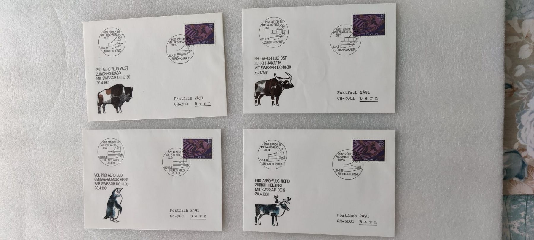 Tutti i francobolli: 4 Stück PRO Aero Flug Schweizer Briefmarken1981 – Usato da Zürich venduto da sendbad