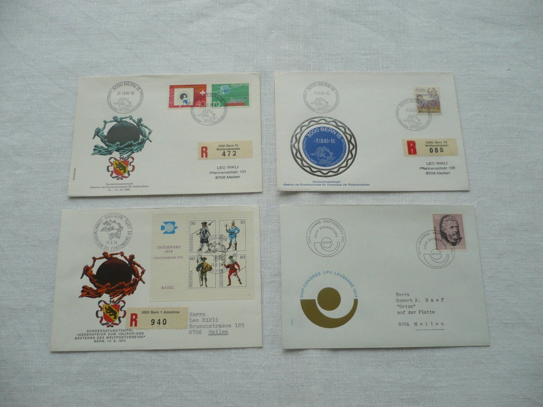 Alle Briefmarken: UPU 1974 - 85 4 Sonderbelege – Gebraucht aus Zürich von saltandpepper008
