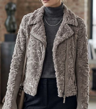 Taifun Kunstfelljacke mit Pailletten beige Grösse 34