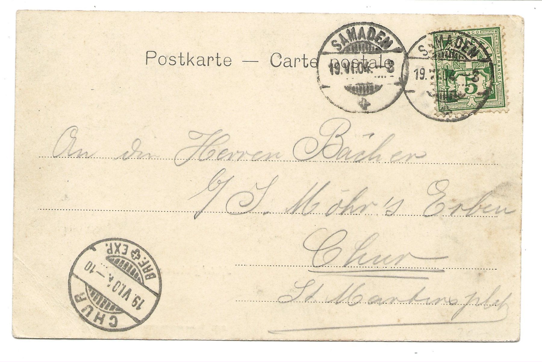Cartoline postali: Samaden (GR) Engadin - Hotel Bellevue - 1904 – Usato da Engelburg venduto da Cartophil 1