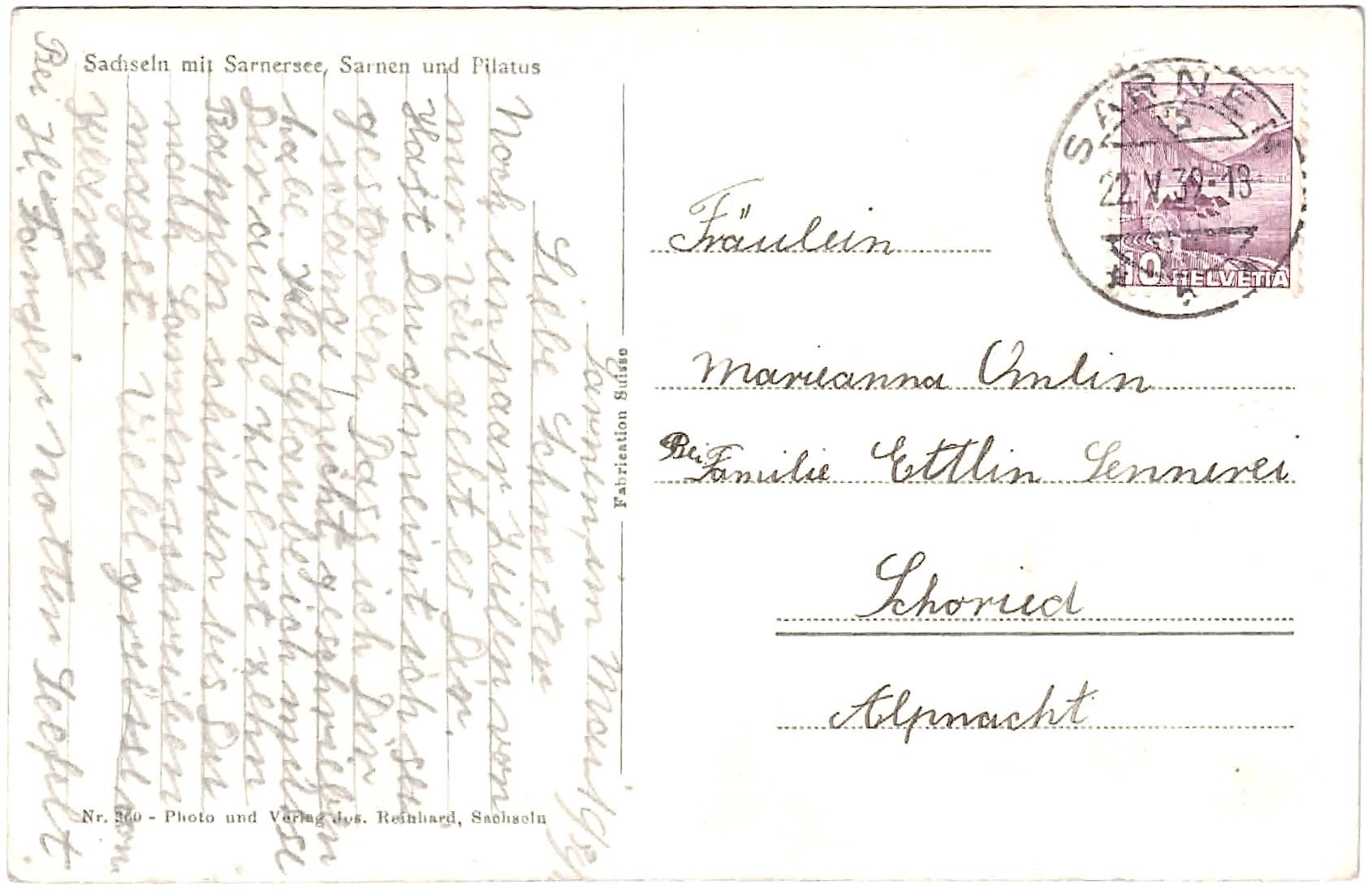 Ansichtskarten: SACHSELN mit Sarnersee, Sarnen & Pilatus ca. 1935 (OW) – Gebraucht aus Oberdorf BL von Hopfehuepfer 1