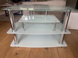 Meuble TV en verre et métal, trois niveaux, occasion
